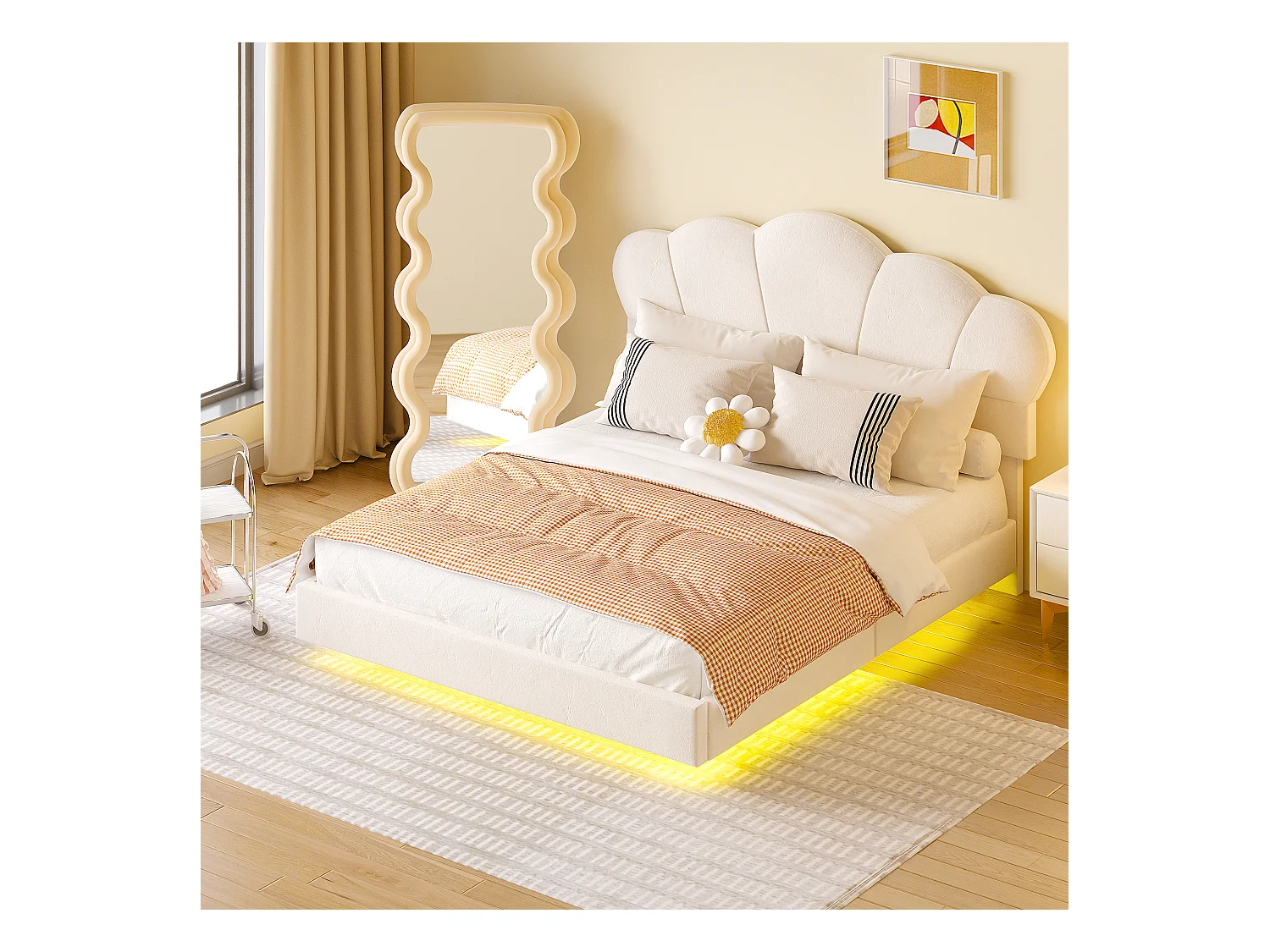 Lit rembourré 140 x 200 cm avec bande LED, tissu velours, motif en nuage, beige