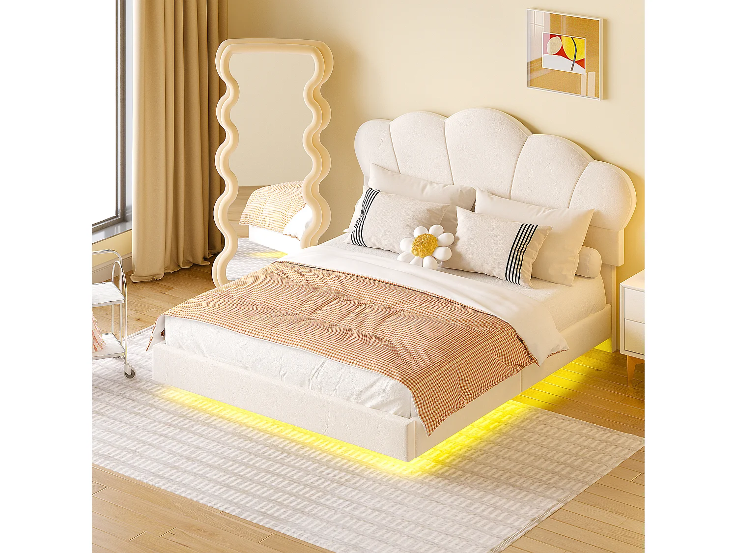 Lit rembourré 140 x 200 cm avec bande LED, tissu velours, motif en nuage, beige