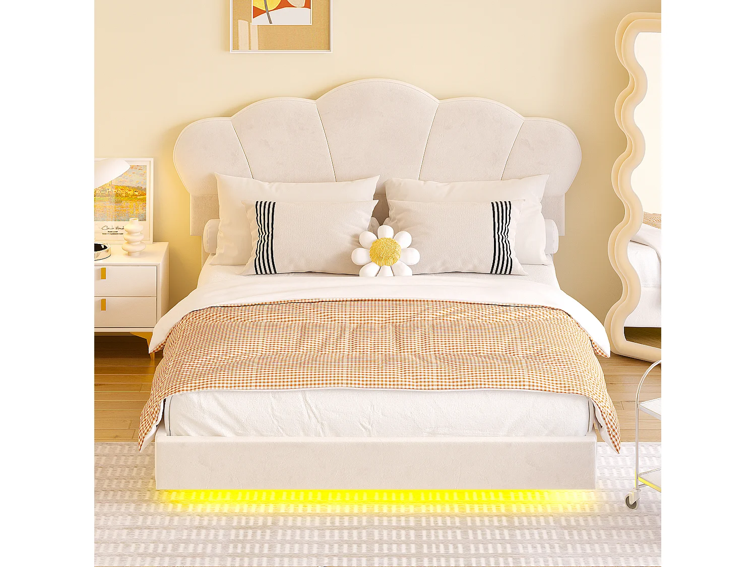 Lit rembourré 140 x 200 cm avec bande LED, tissu velours, motif en nuage, beige