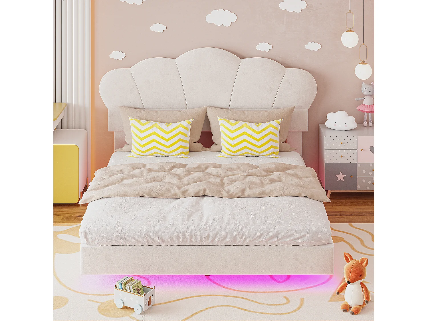 Lit rembourré 140 x 200 cm avec bande LED, tissu velours, motif en nuage, beige