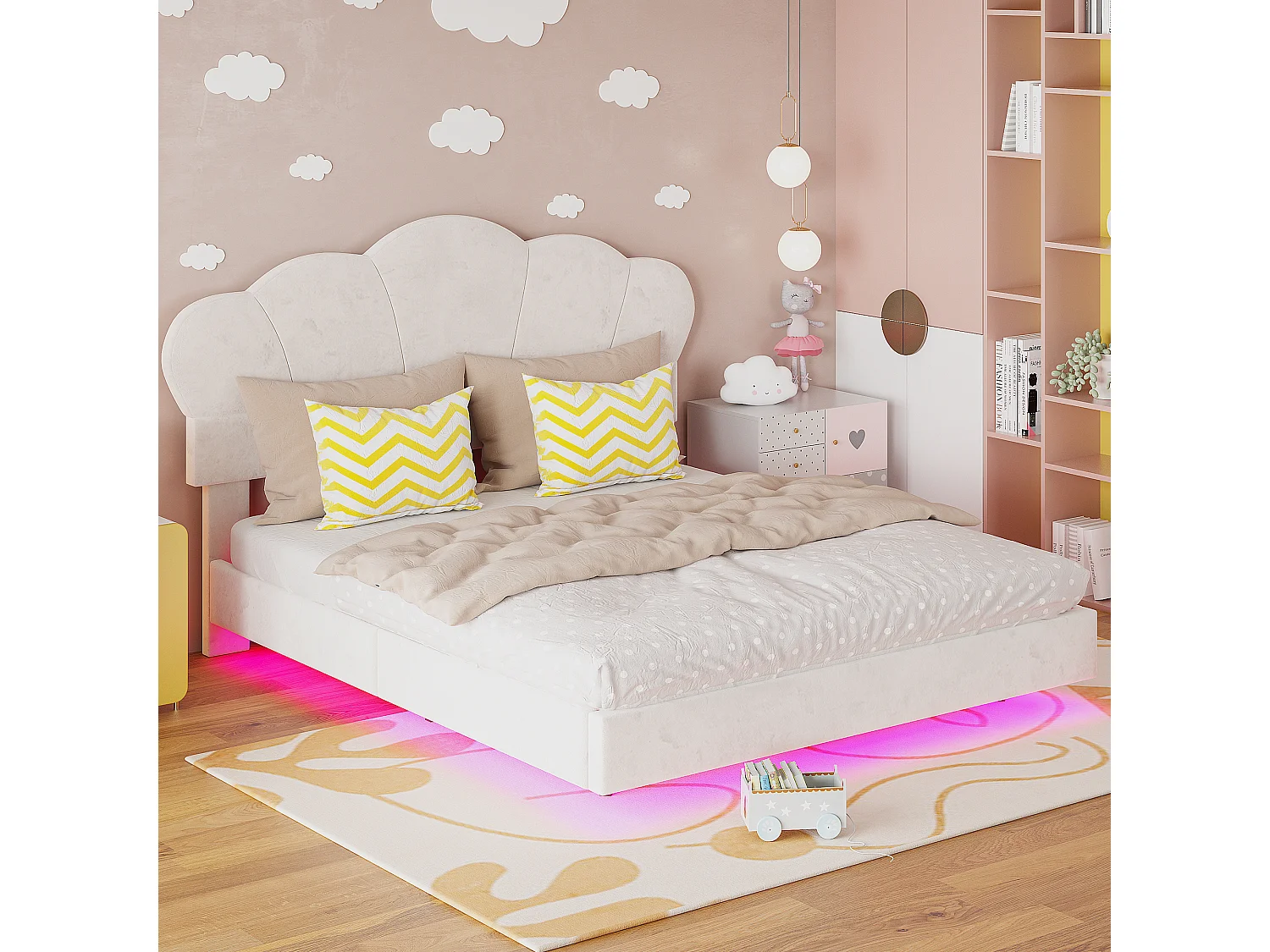 Lit rembourré 140 x 200 cm avec bande LED, tissu velours, motif en nuage, beige