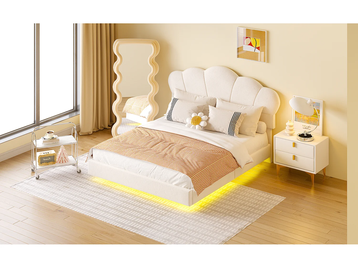 Lit rembourré 140 x 200 cm avec bande LED, tissu velours, motif en nuage, beige