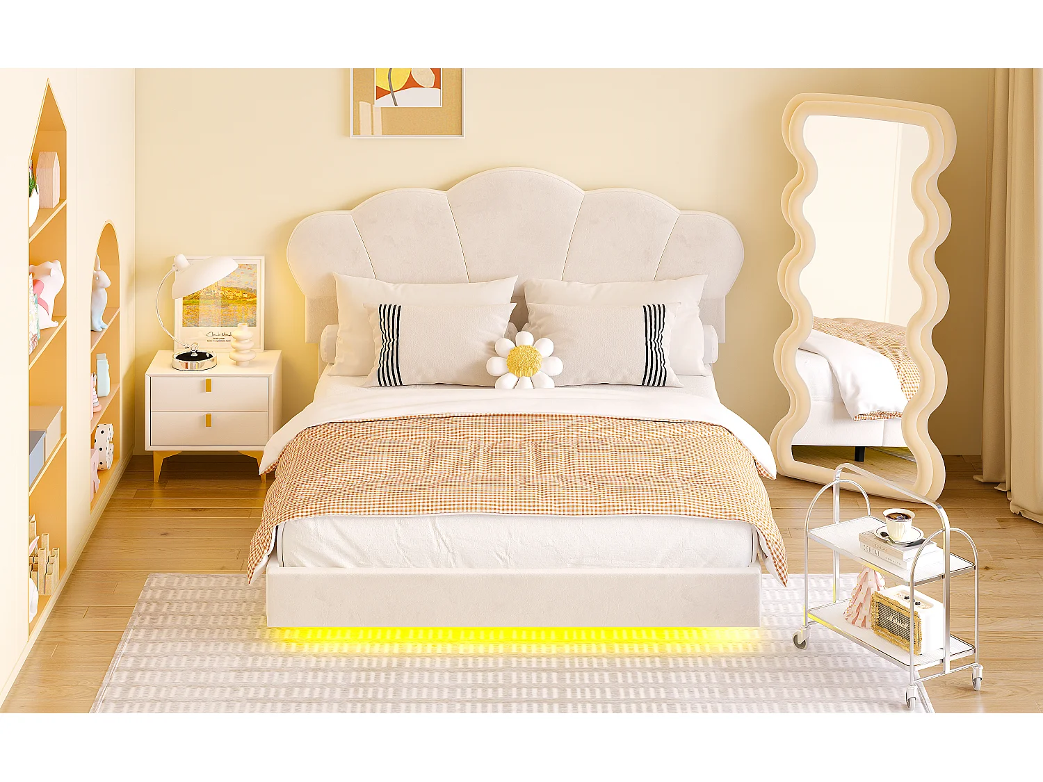 Lit rembourré 140 x 200 cm avec bande LED, tissu velours, motif en nuage, beige