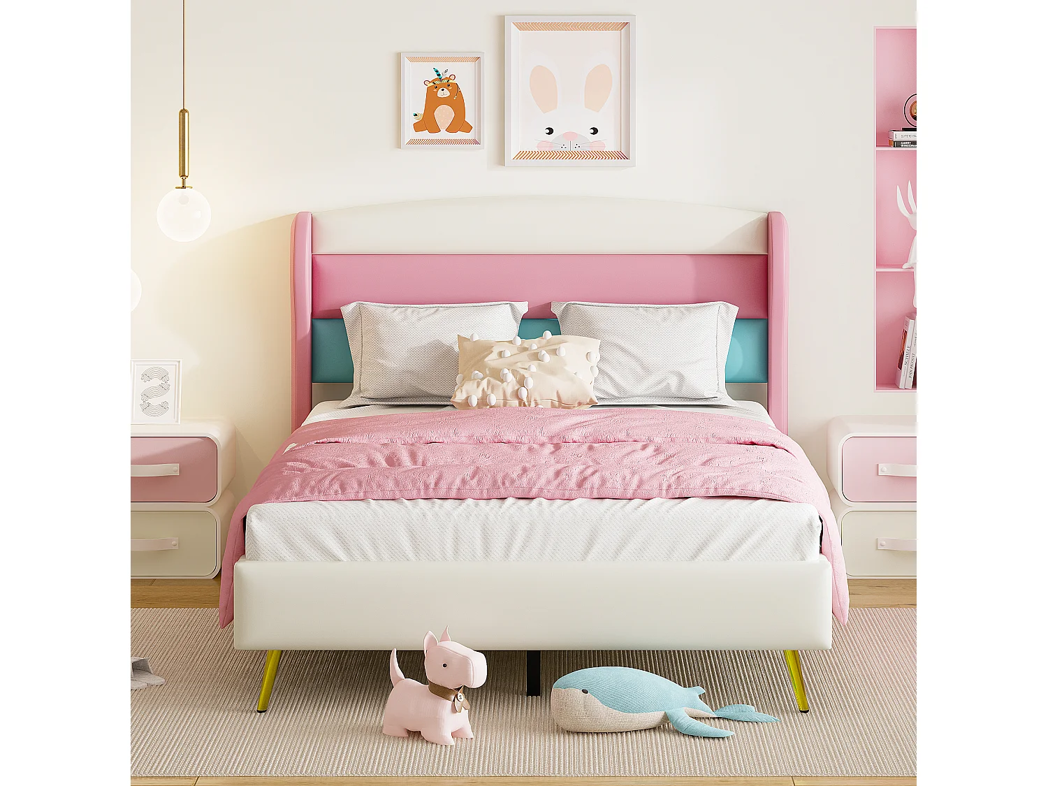 Gestoffeerd bed 140 x 200 cm met hoofdeinde in 3 kleuren, metalen poten, kunstleer, wit