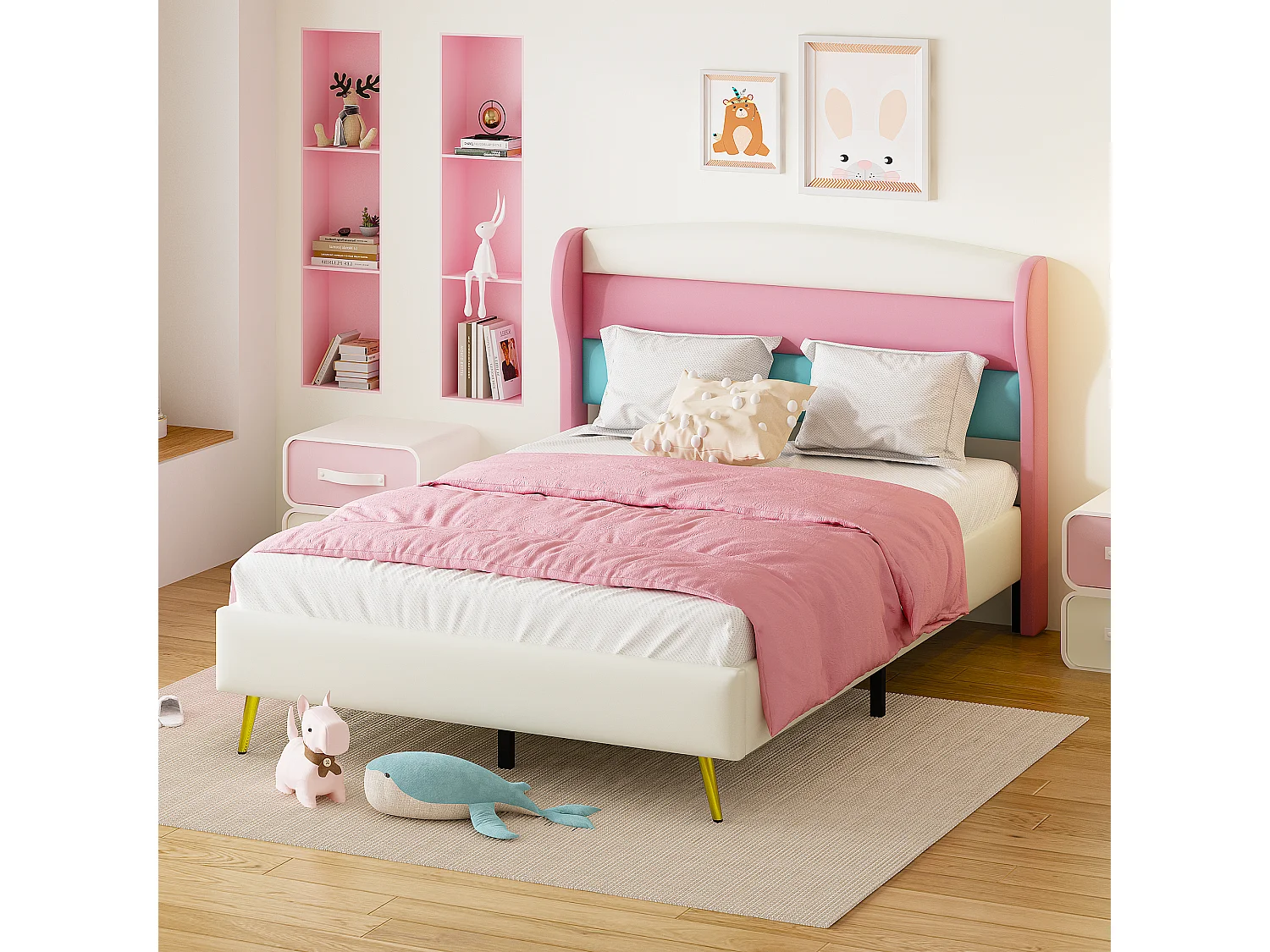 Gestoffeerd bed 140 x 200 cm met hoofdeinde in 3 kleuren, metalen poten, kunstleer, wit