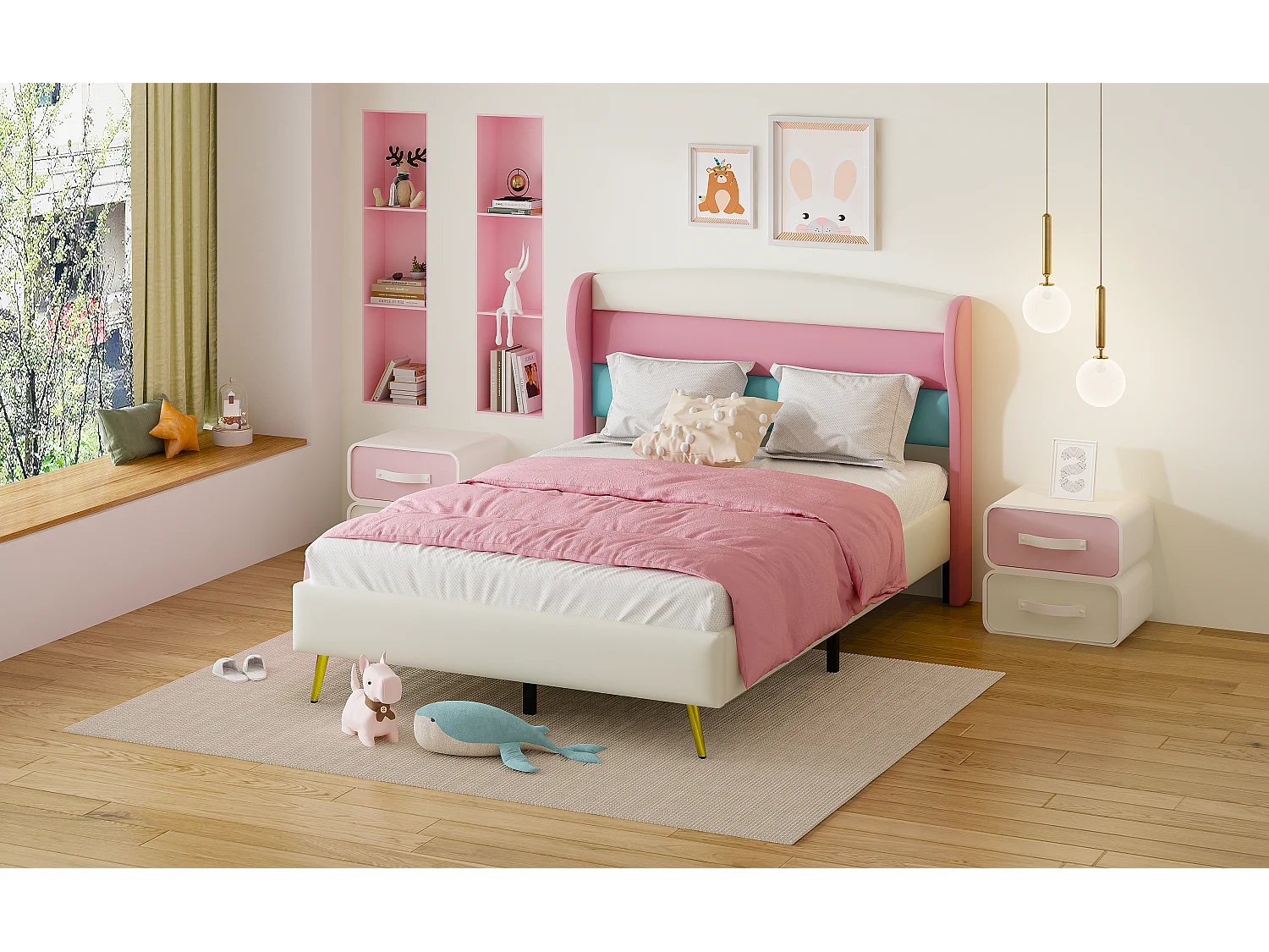 Gestoffeerd bed 140 x 200 cm met hoofdeinde in 3 kleuren, metalen poten, kunstleer, wit