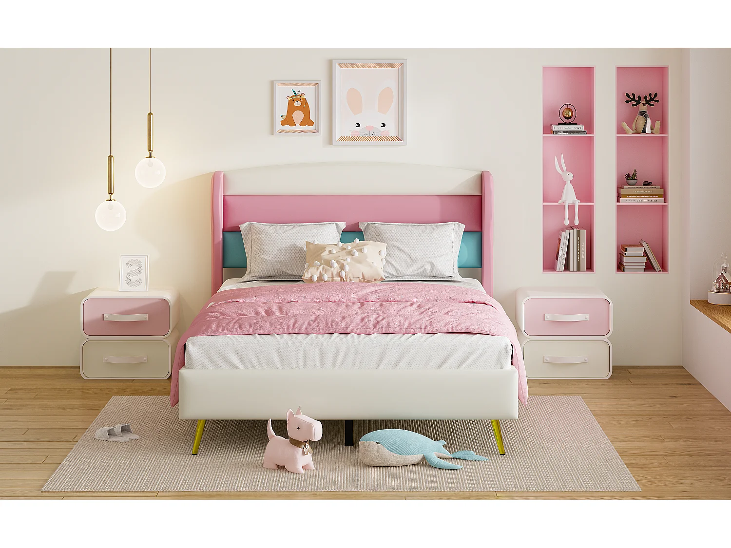 Gestoffeerd bed 140 x 200 cm met hoofdeinde in 3 kleuren, metalen poten, kunstleer, wit