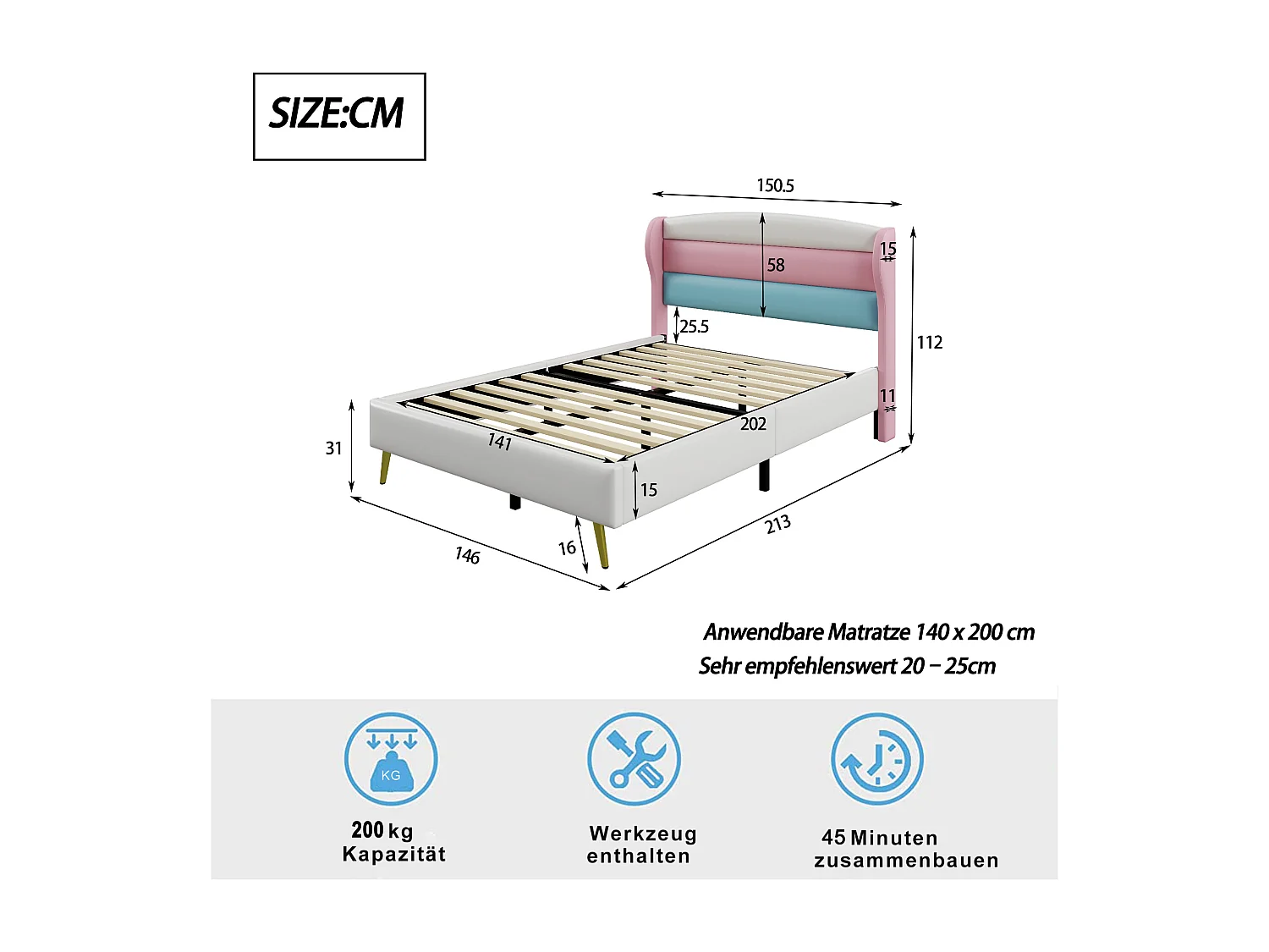 Gestoffeerd bed 140 x 200 cm met hoofdeinde in 3 kleuren, metalen poten, kunstleer, wit