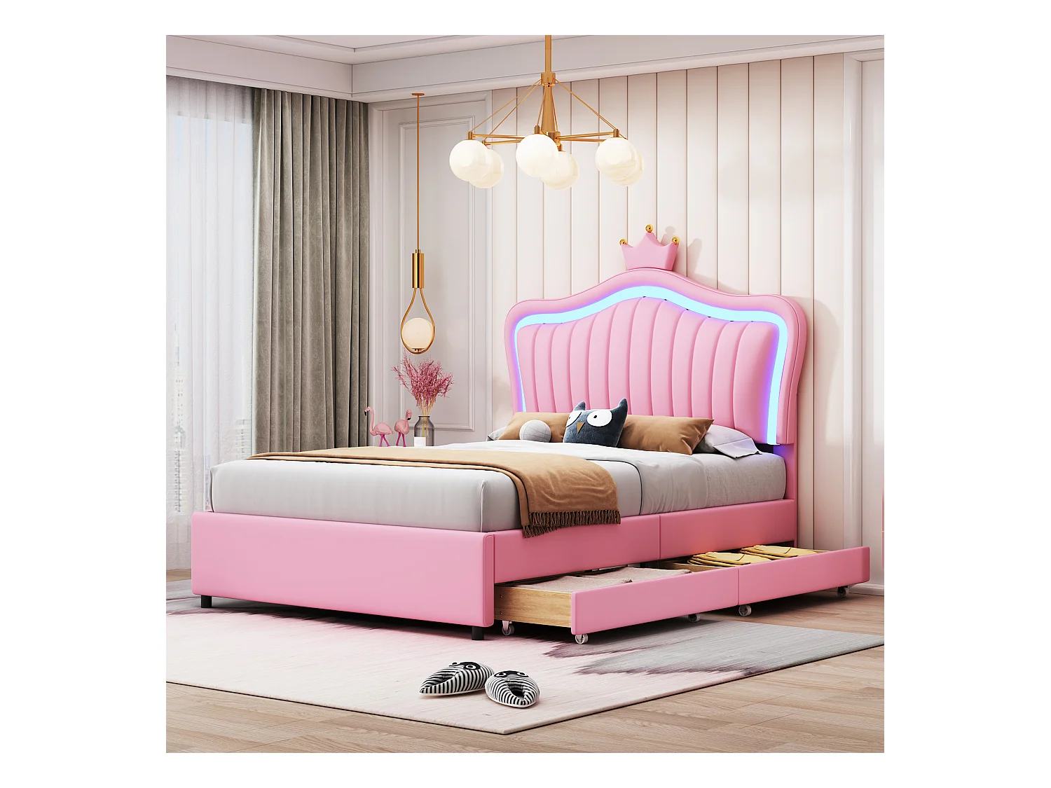 Lit capitonné 90 x 200 avec 2 tiroirs - Rembourré en cuir PU - Tête de lit en forme courronne - Rose