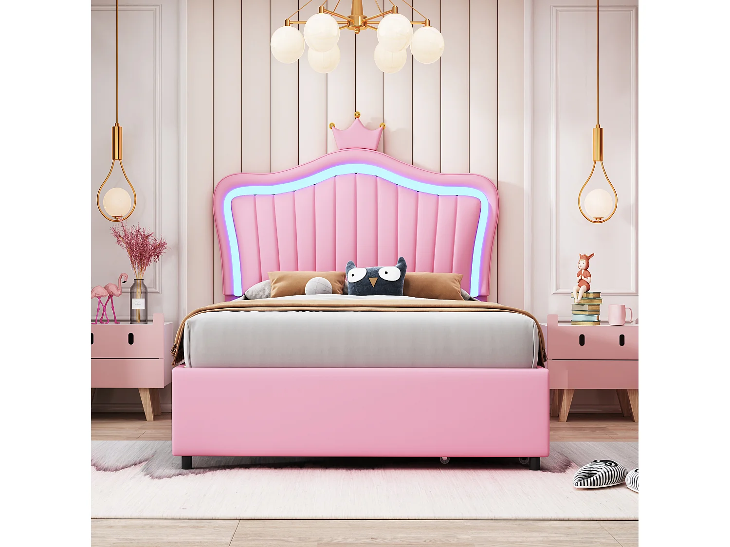 Gestoffeerd bed 90 x 200 met 2 lades - Gestoffeerd in PU leer - Kroonvormig hoofdeinde - Roze