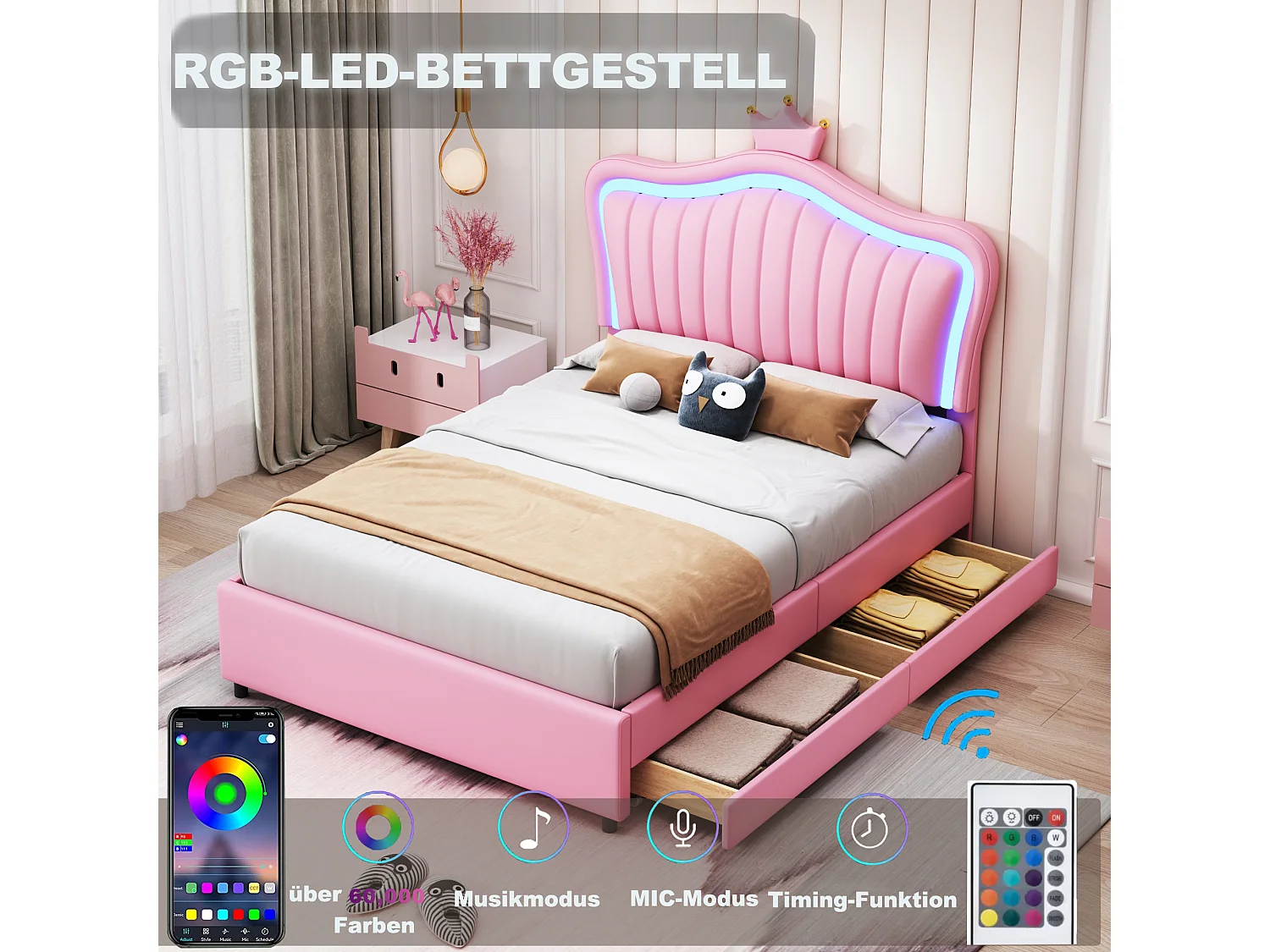 Gestoffeerd bed 90 x 200 met 2 lades - Gestoffeerd in PU leer - Kroonvormig hoofdeinde - Roze