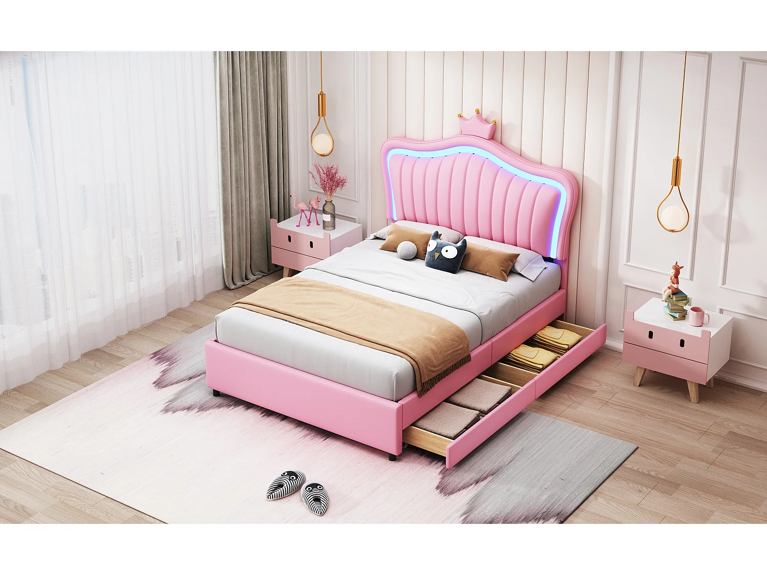 Gestoffeerd bed 90 x 200 met 2 lades - Gestoffeerd in PU leer - Kroonvormig hoofdeinde - Roze