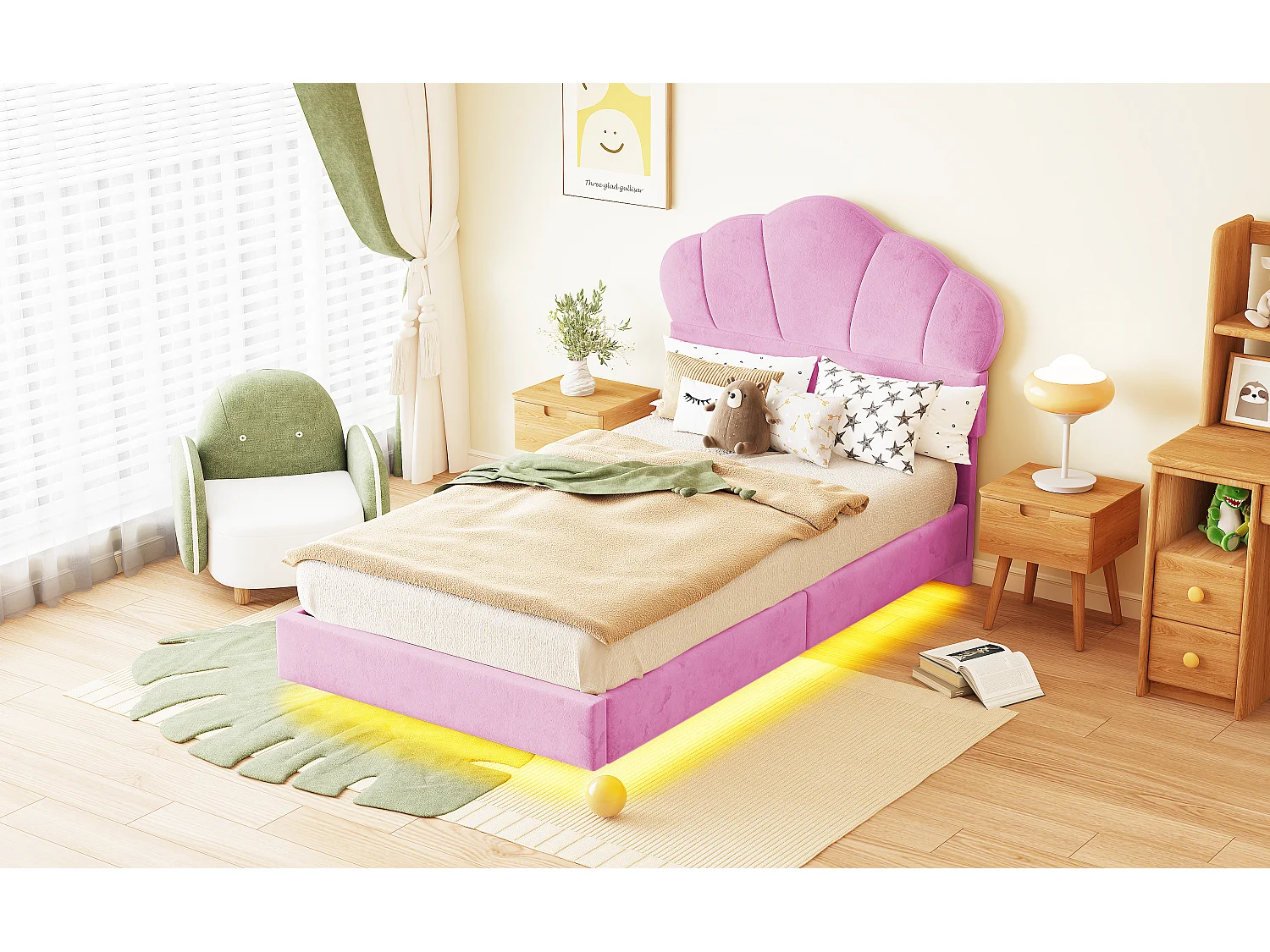 Lit rembourré 90 x 200 cm avec bande LED, tissu velours, motif en nuage, rose