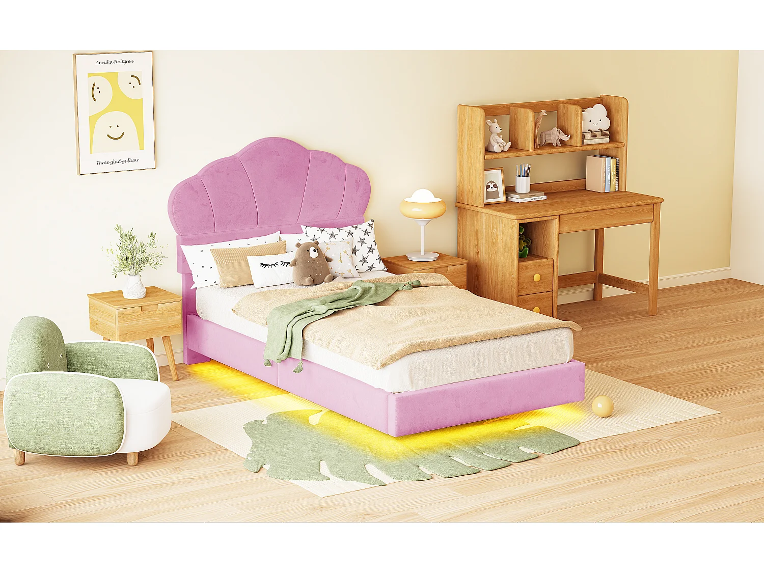 Lit rembourré 90 x 200 cm avec bande LED, tissu velours, motif en nuage, rose