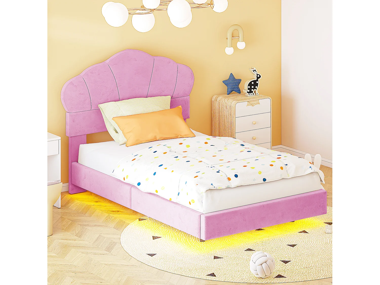 Lit rembourré 90 x 200 cm avec bande LED, tissu velours, motif en nuage, rose