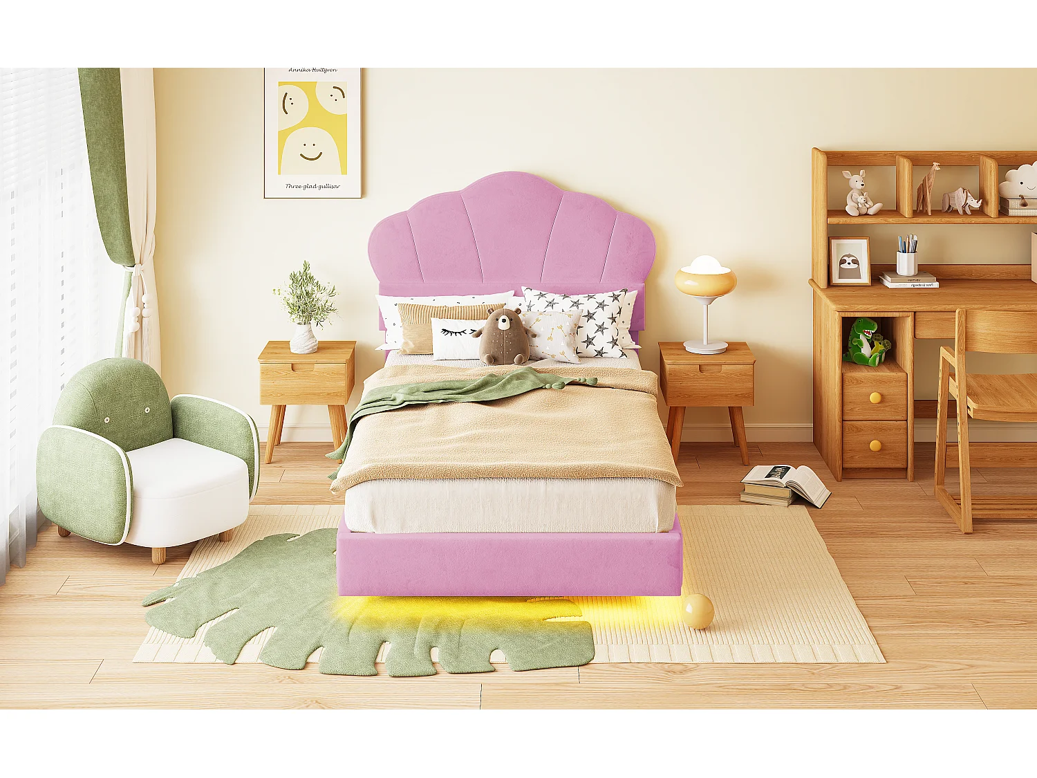 Lit rembourré 90 x 200 cm avec bande LED, tissu velours, motif en nuage, rose