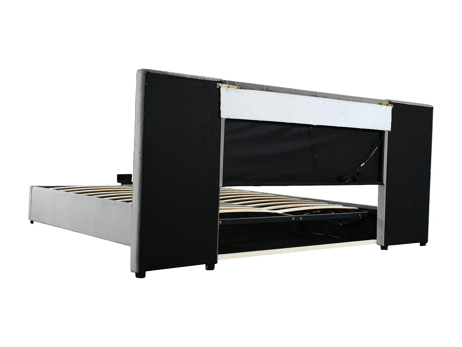 Eleganckie łóżko tapicerowane 160 x 200 cm z dużym oparciem, tapicerka welurowa, z gniazdem LED i USB, szare