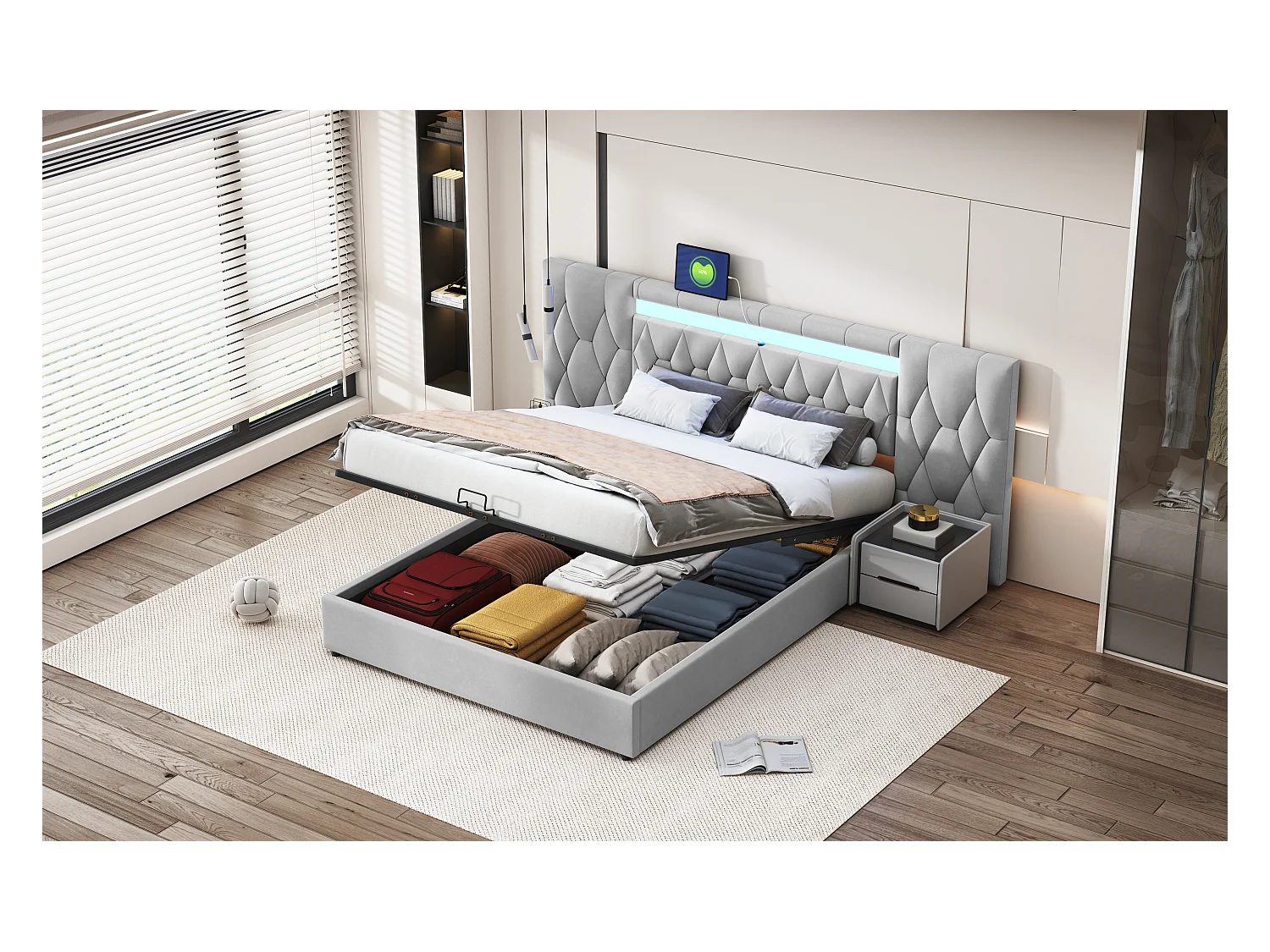 Lit capitonné élégant 160 x 200 cm avec grand dossier, rembourré en velours, avec prise LED et USB, gris