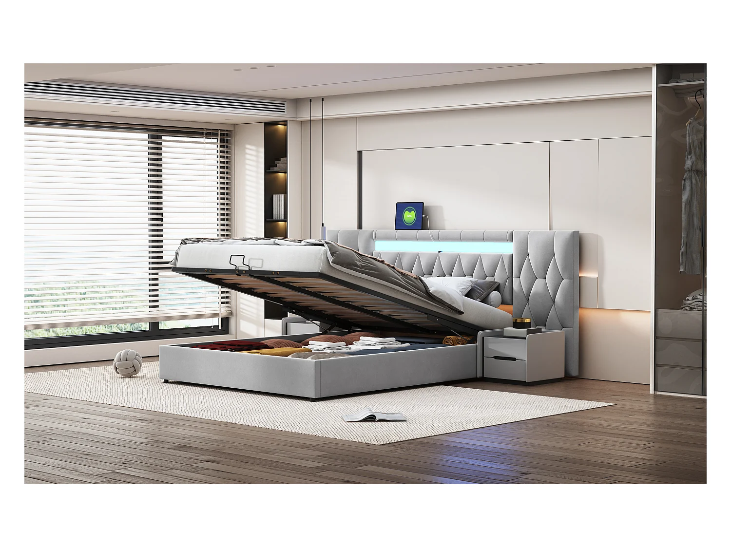 Lit capitonné élégant 160 x 200 cm avec grand dossier, rembourré en velours, avec prise LED et USB, gris