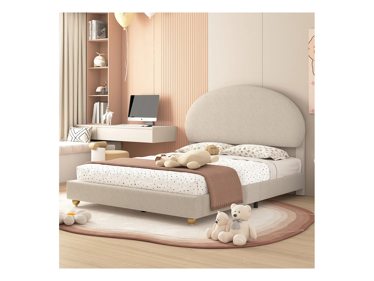 Lit capitonné 140 x 200 cm rembourré en tissu teddy - Tête de lit cintrée - Sommier à lattes - Beige