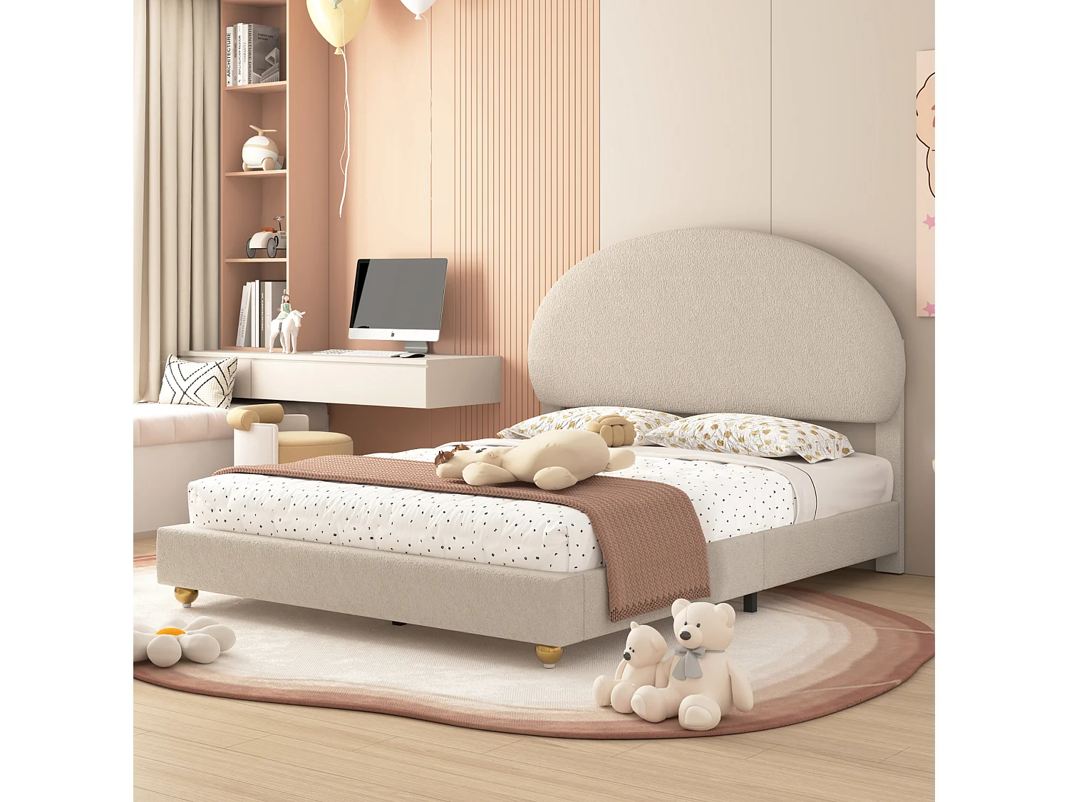 Lit capitonné 140 x 200 cm rembourré en tissu teddy - Tête de lit cintrée - Sommier à lattes - Beige