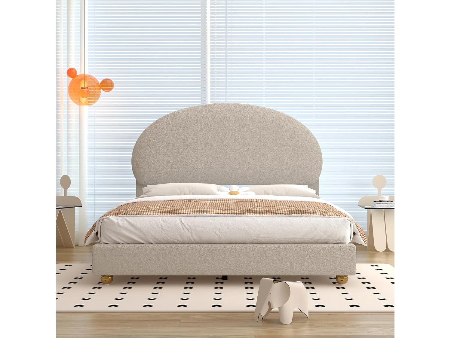 Lit capitonné 140 x 200 cm rembourré en tissu teddy - Tête de lit cintrée - Sommier à lattes - Beige