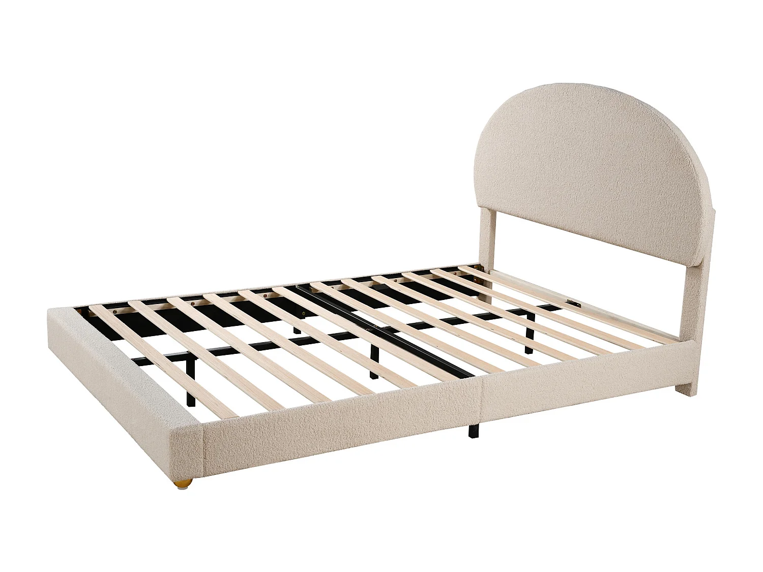 Lit capitonné 140 x 200 cm rembourré en tissu teddy - Tête de lit cintrée - Sommier à lattes - Beige