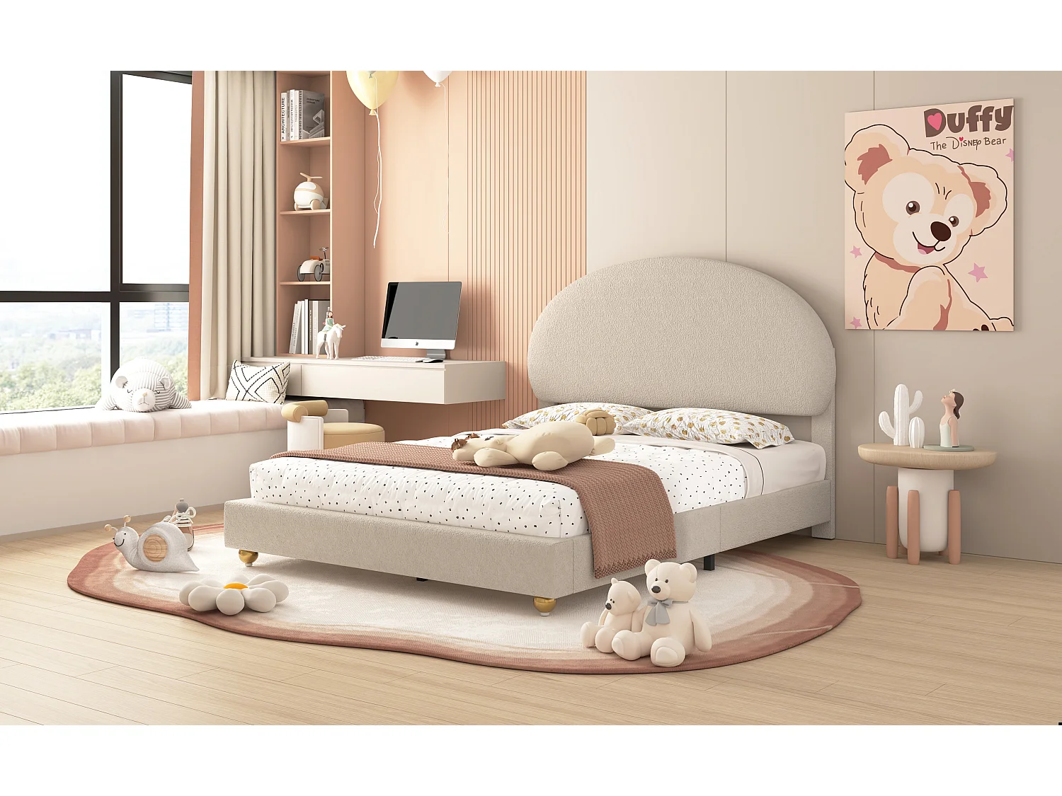 Lit capitonné 140 x 200 cm rembourré en tissu teddy - Tête de lit cintrée - Sommier à lattes - Beige