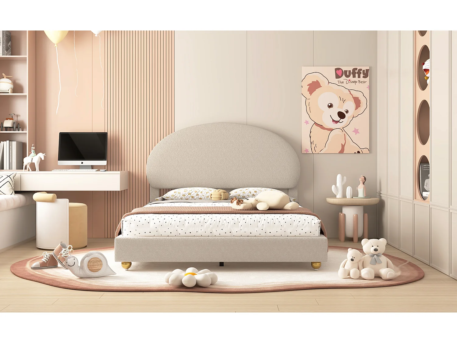 Lit capitonné 140 x 200 cm rembourré en tissu teddy - Tête de lit cintrée - Sommier à lattes - Beige