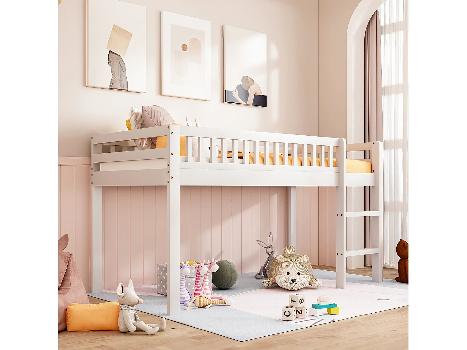 Lit enfant 90 x 200 cm en bois massif avec sommier à lattes, avec échelle de sécurité, blanc