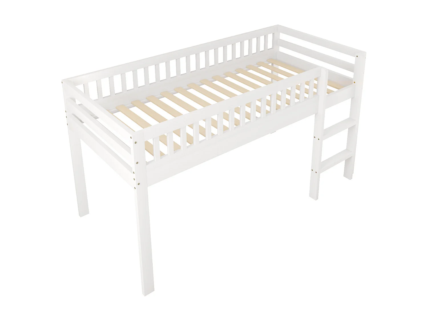 Lit enfant 90 x 200 cm en bois massif avec sommier à lattes, avec échelle de sécurité, blanc