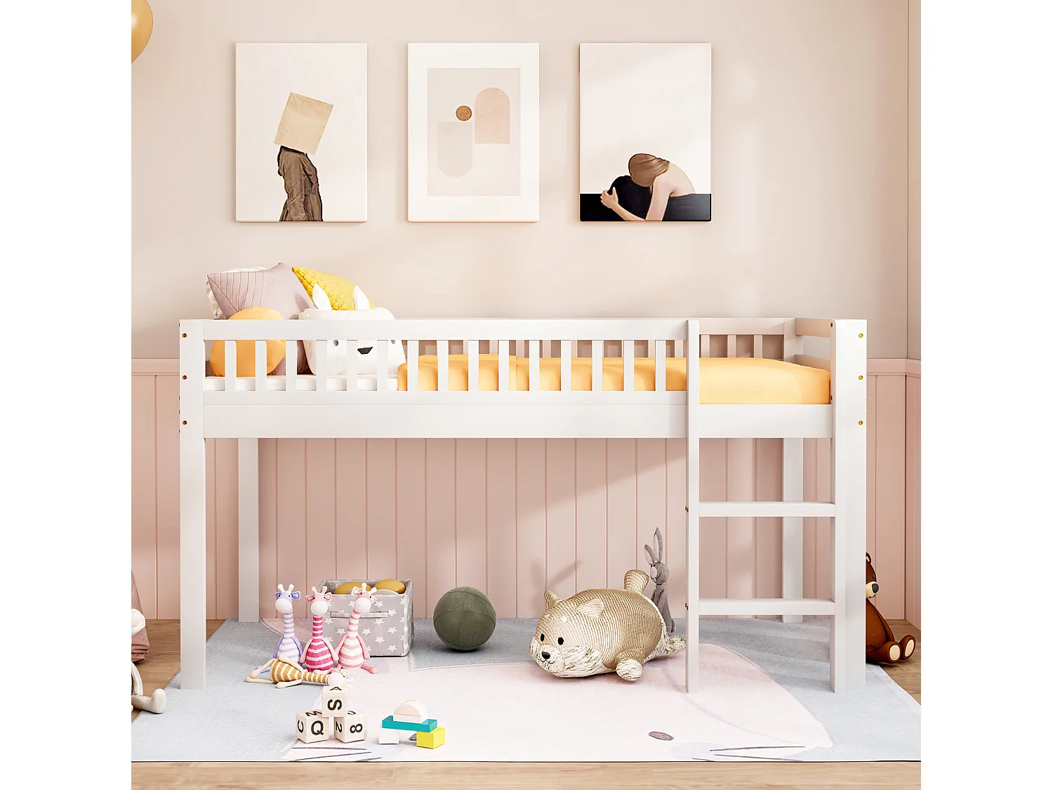 Kinderbed 90 x 200 cm in massief hout met lattenbodem, met veiligheidsladder, wit