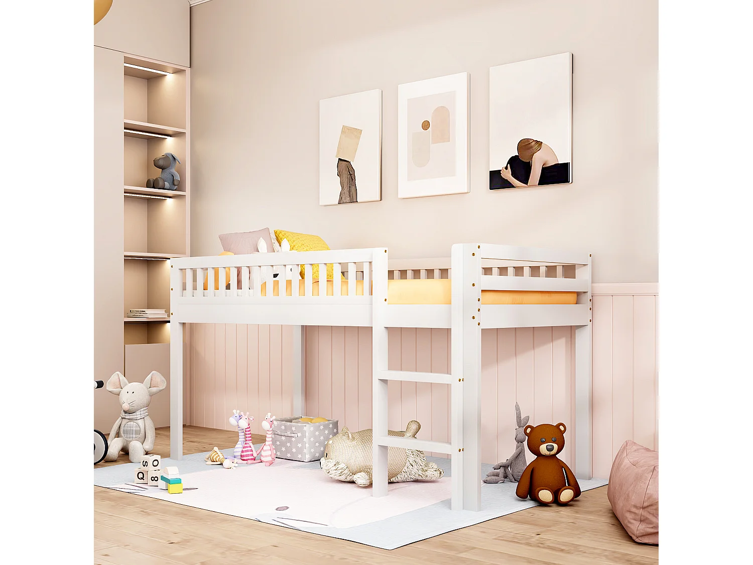 Kinderbed 90 x 200 cm in massief hout met lattenbodem, met veiligheidsladder, wit