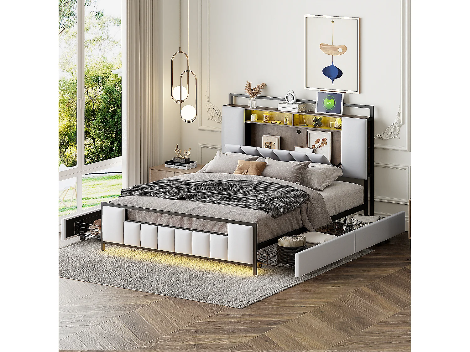 Gestoffeerd bed 140 x 200 cm met 4 laden - LED's + USB-aansluiting - Metaal en kunstleer - Beige