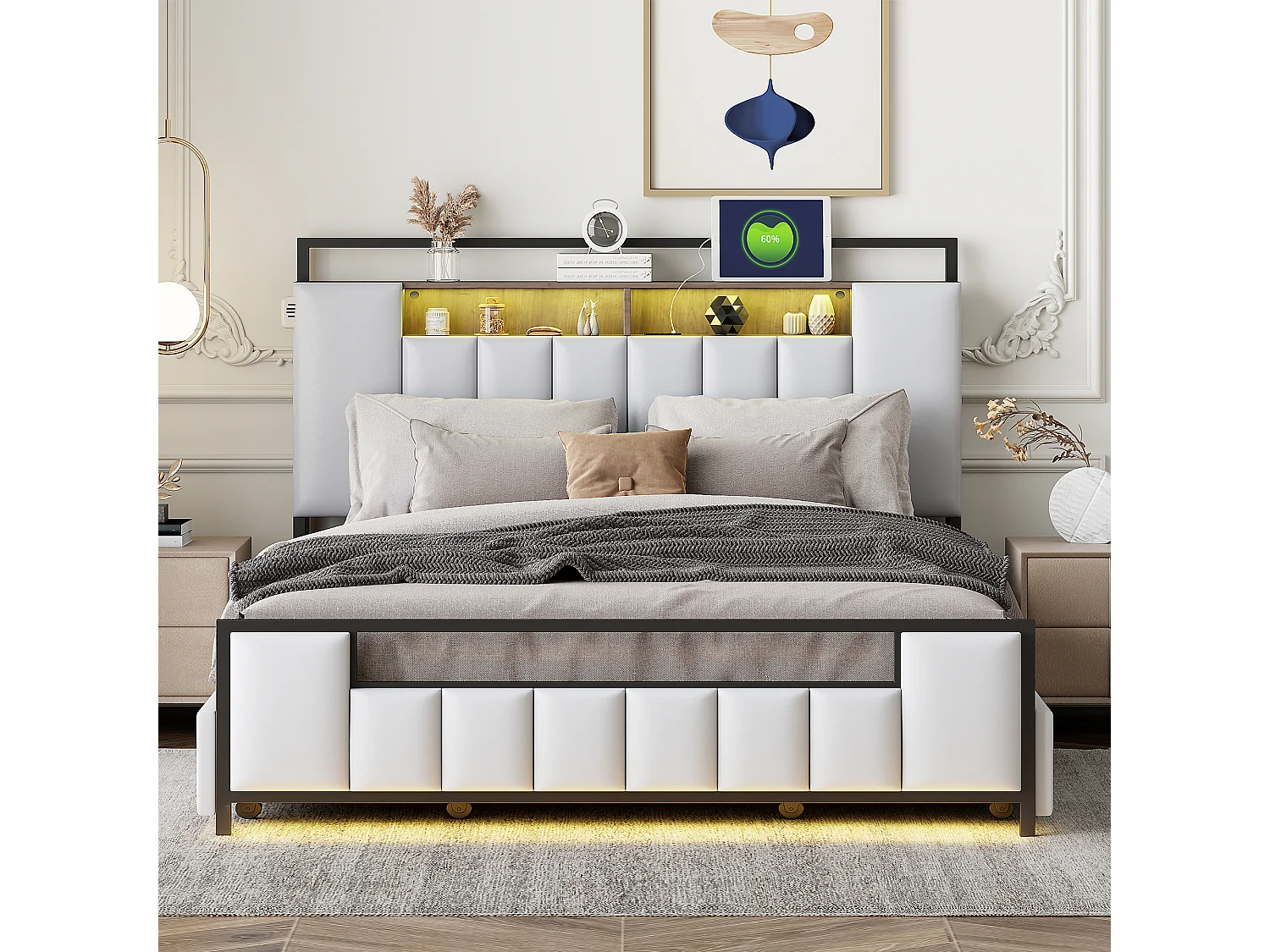 Gestoffeerd bed 140 x 200 cm met 4 laden - LED's + USB-aansluiting - Metaal en kunstleer - Beige