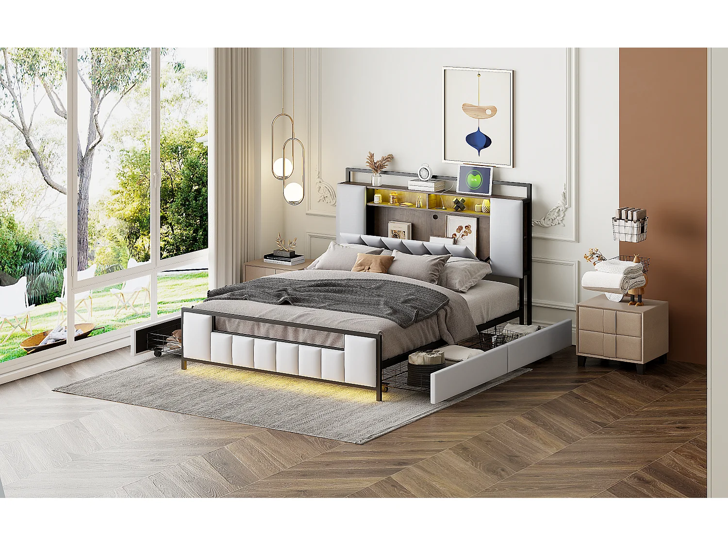 Gestoffeerd bed 140 x 200 cm met 4 laden - LED's + USB-aansluiting - Metaal en kunstleer - Beige