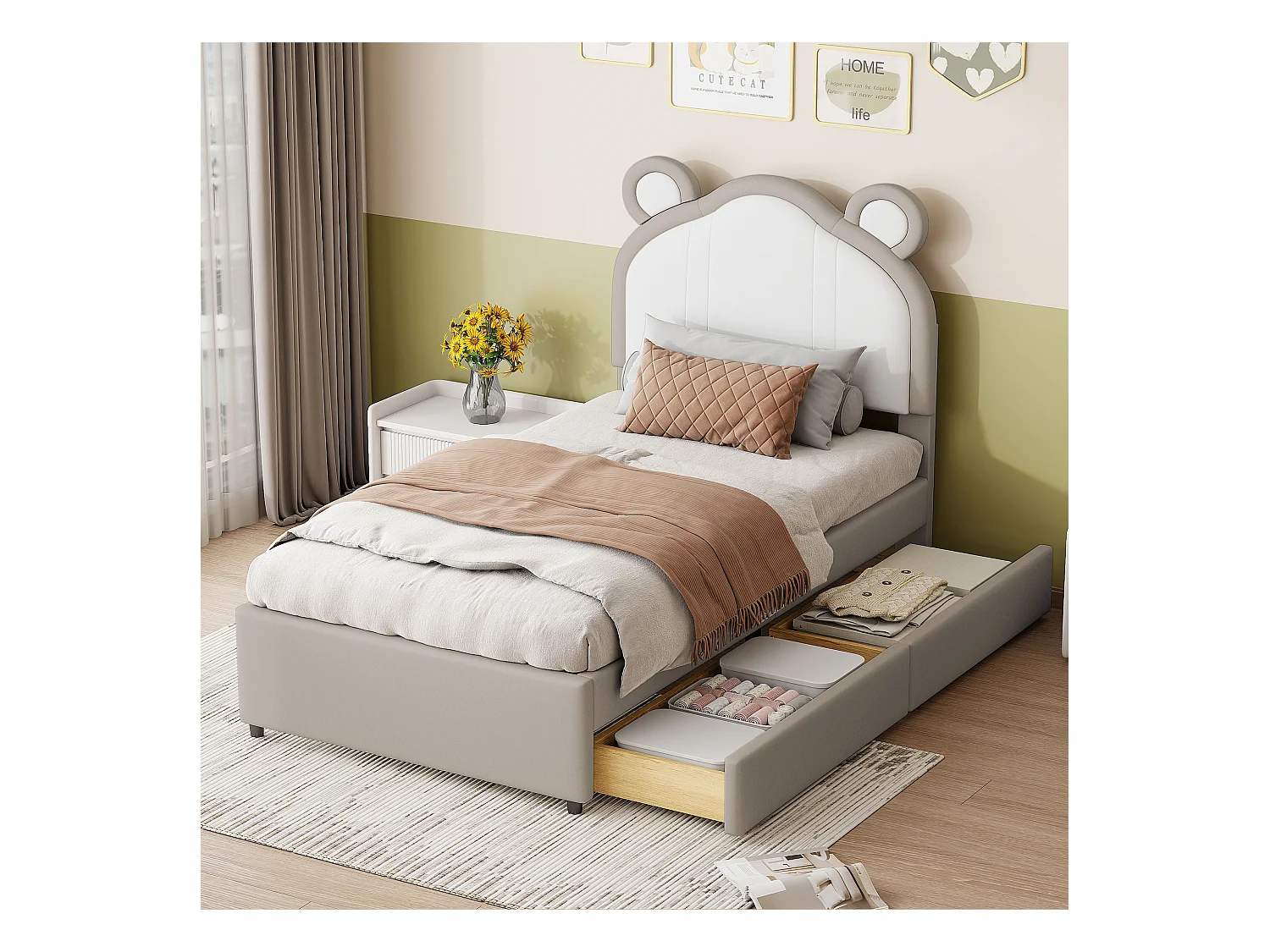 Gestoffeerd bed 90 x 200 met 2 lades - Gestoffeerd in PU leer - Hoofdeinde met oren - Lattenbodem - Grijs