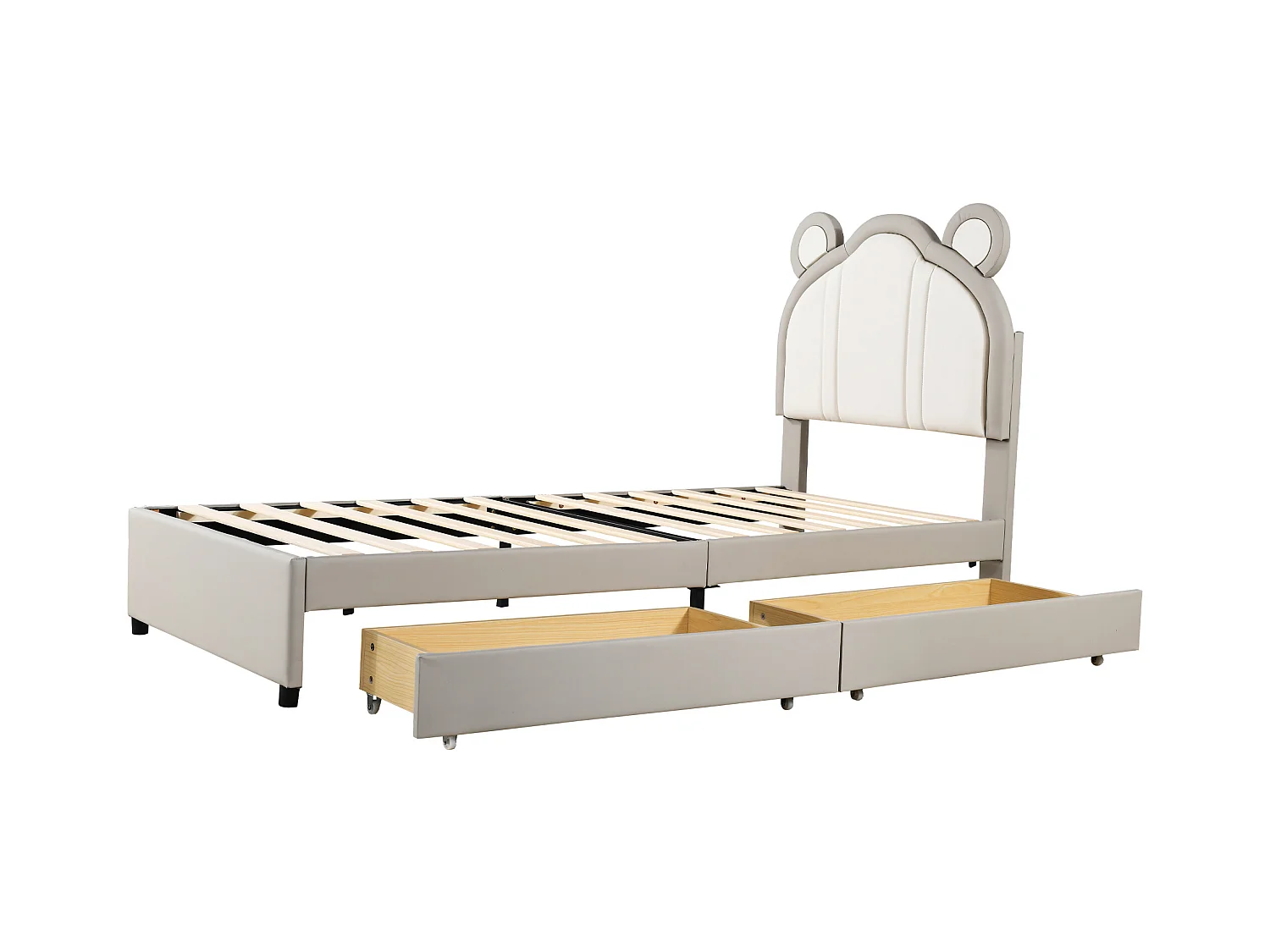 Gestoffeerd bed 90 x 200 met 2 lades - Gestoffeerd in PU leer - Hoofdeinde met oren - Lattenbodem - Grijs
