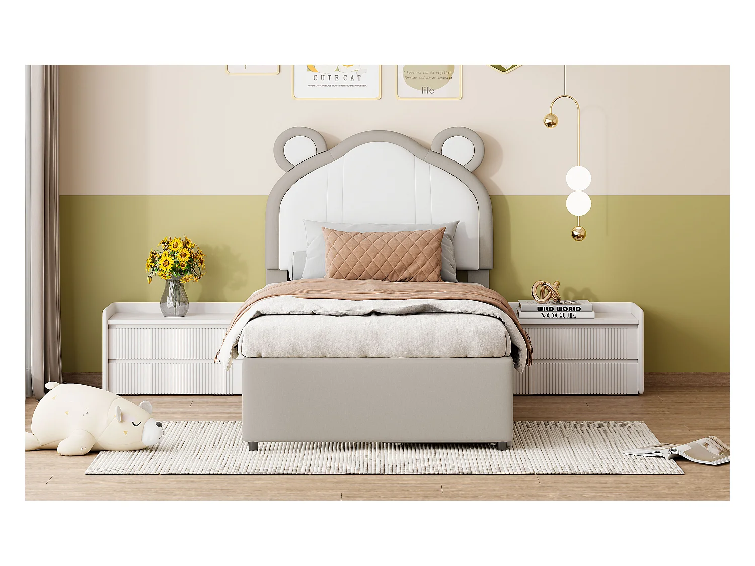 Gestoffeerd bed 90 x 200 met 2 lades - Gestoffeerd in PU leer - Hoofdeinde met oren - Lattenbodem - Grijs