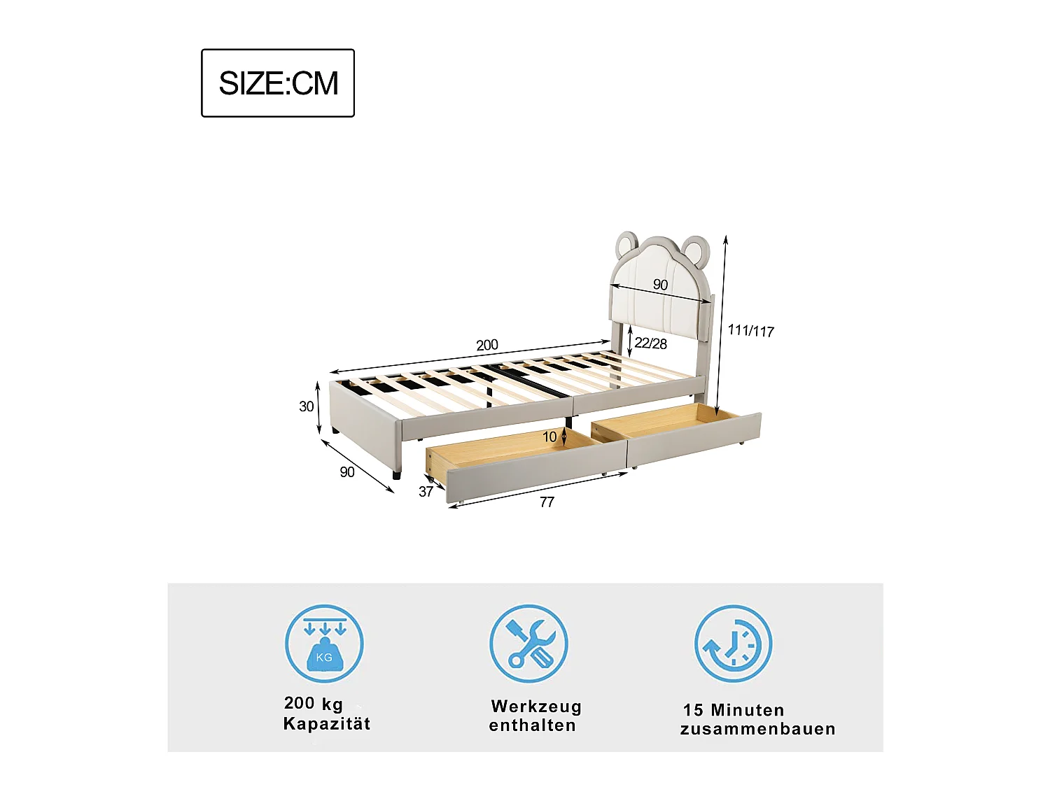 Gestoffeerd bed 90 x 200 met 2 lades - Gestoffeerd in PU leer - Hoofdeinde met oren - Lattenbodem - Grijs