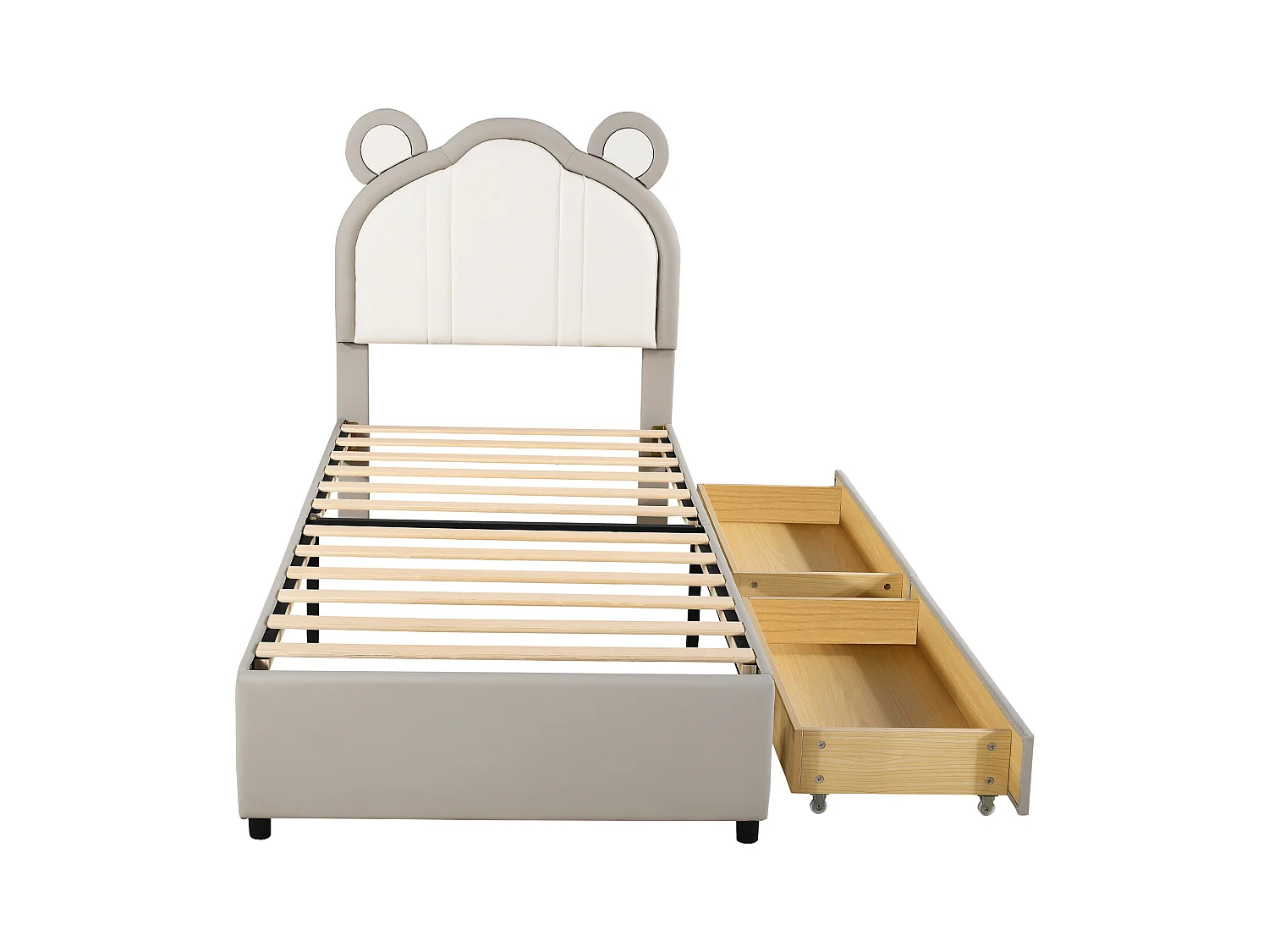 Gestoffeerd bed 90 x 200 met 2 lades - Gestoffeerd in PU leer - Hoofdeinde met oren - Lattenbodem - Grijs
