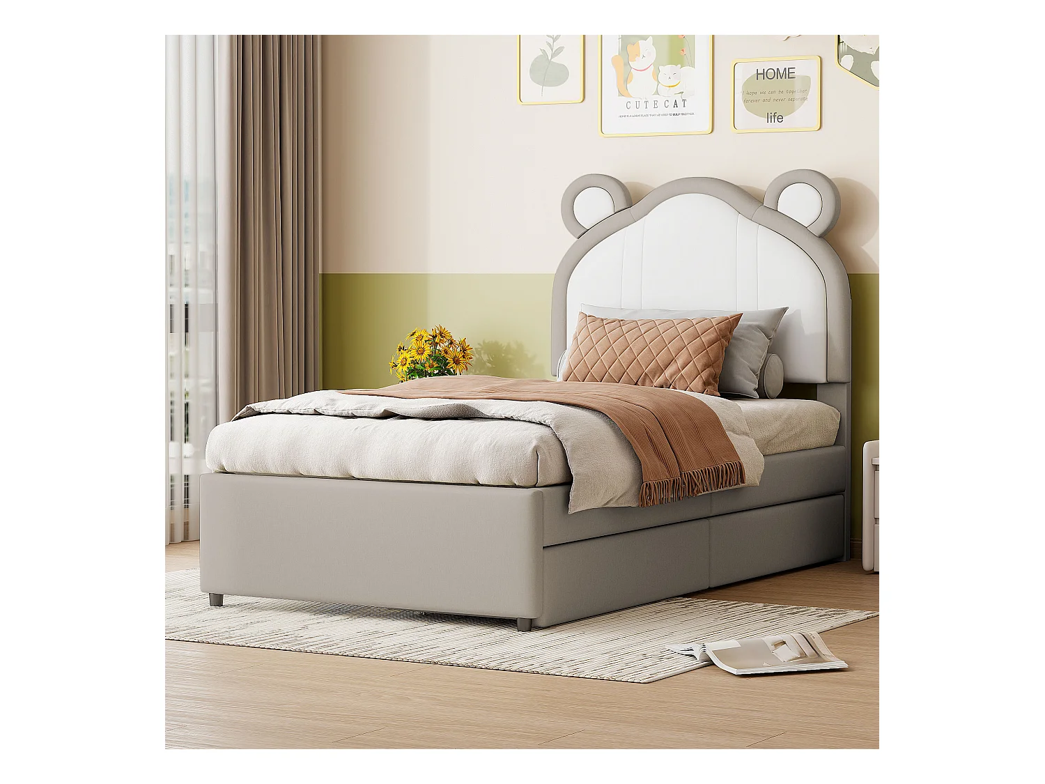 Gestoffeerd bed 90 x 200 met 2 lades - Gestoffeerd in PU leer - Hoofdeinde met oren - Lattenbodem - Grijs