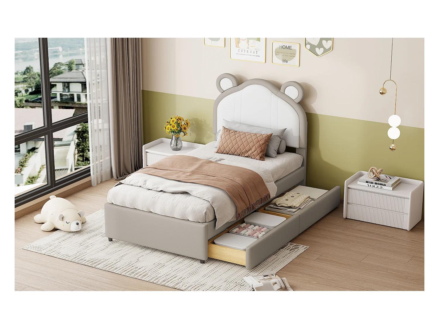 Gestoffeerd bed 90 x 200 met 2 lades - Gestoffeerd in PU leer - Hoofdeinde met oren - Lattenbodem - Grijs