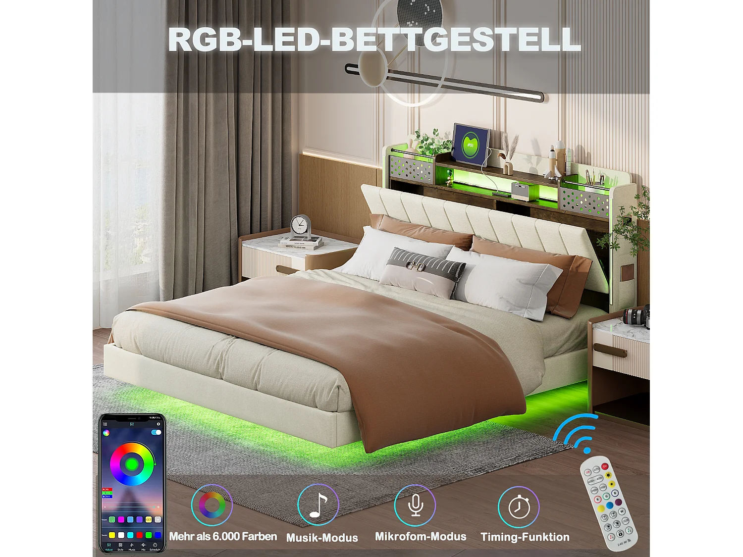 Gestoffeerd bed 160 x 200 cm met opberghoofdeinde - LED-verlichting en USB-aansluiting - Linnenstof - Beige