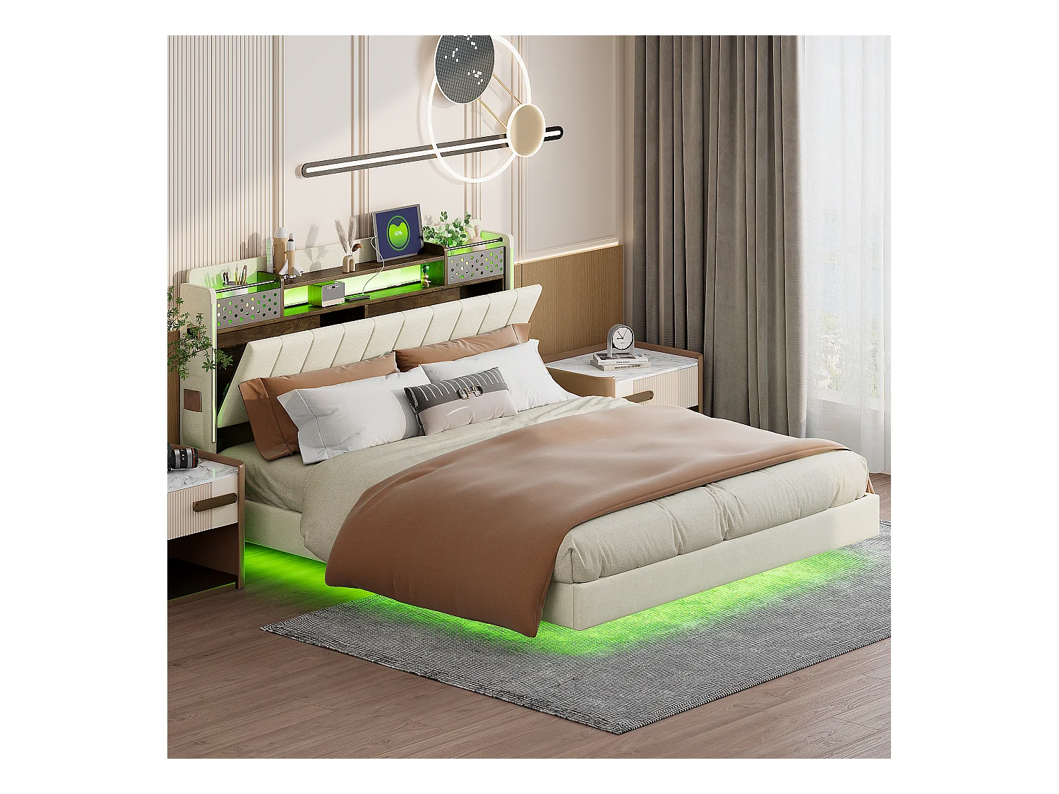 Polsterbett 160 x 200 cm mit Stauraum-Kopfteil – LED-Beleuchtung und USB-Buchse – Leinenstoff – Beige