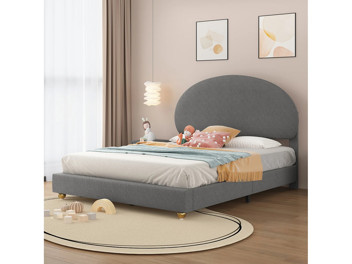 Lit capitonné 140 x 200 cm rembourré en tissu teddy - Tête de lit cintrée - Sommier à lattes - Gris