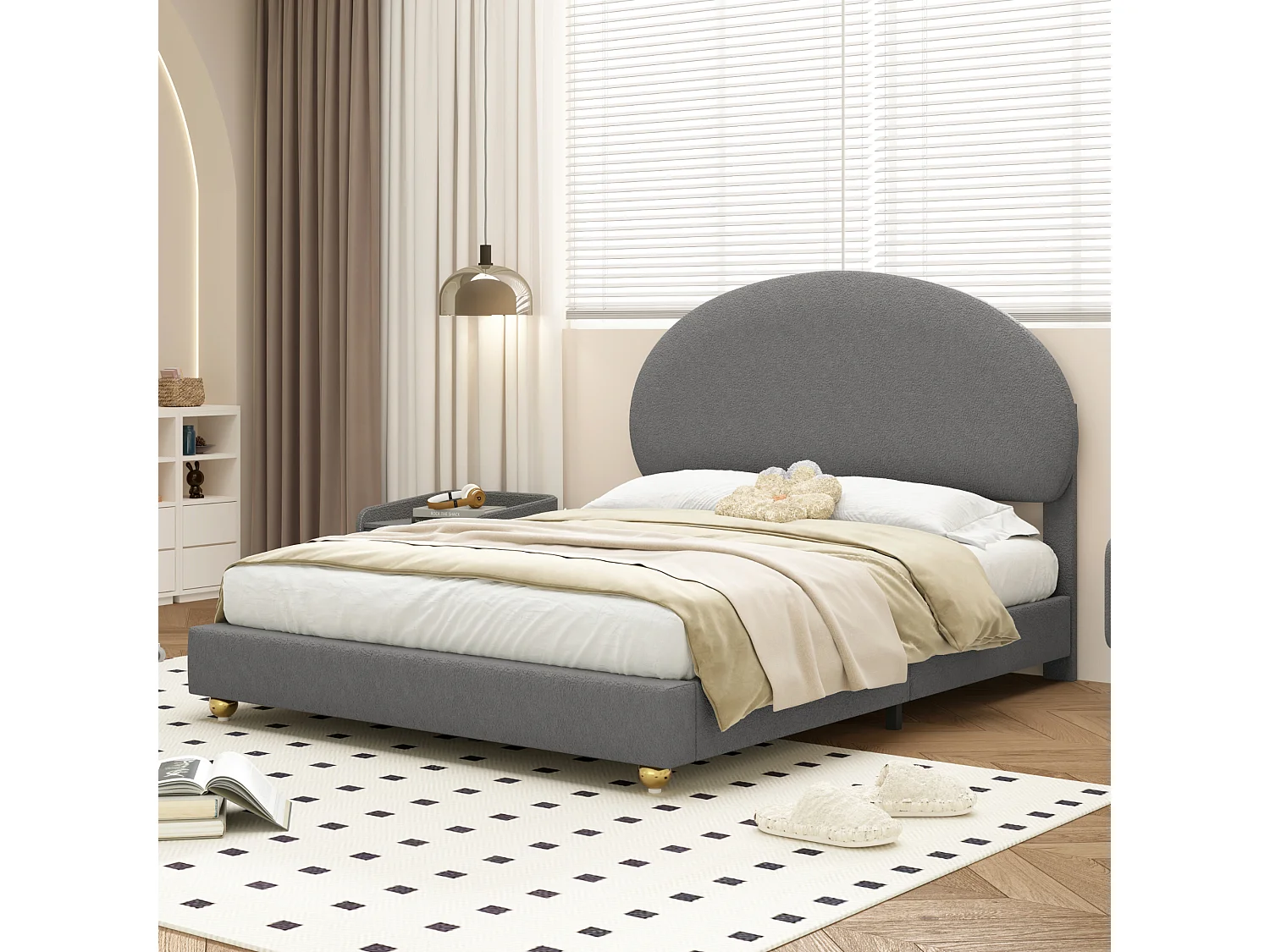 Lit capitonné 140 x 200 cm rembourré en tissu teddy - Tête de lit cintrée - Sommier à lattes - Gris