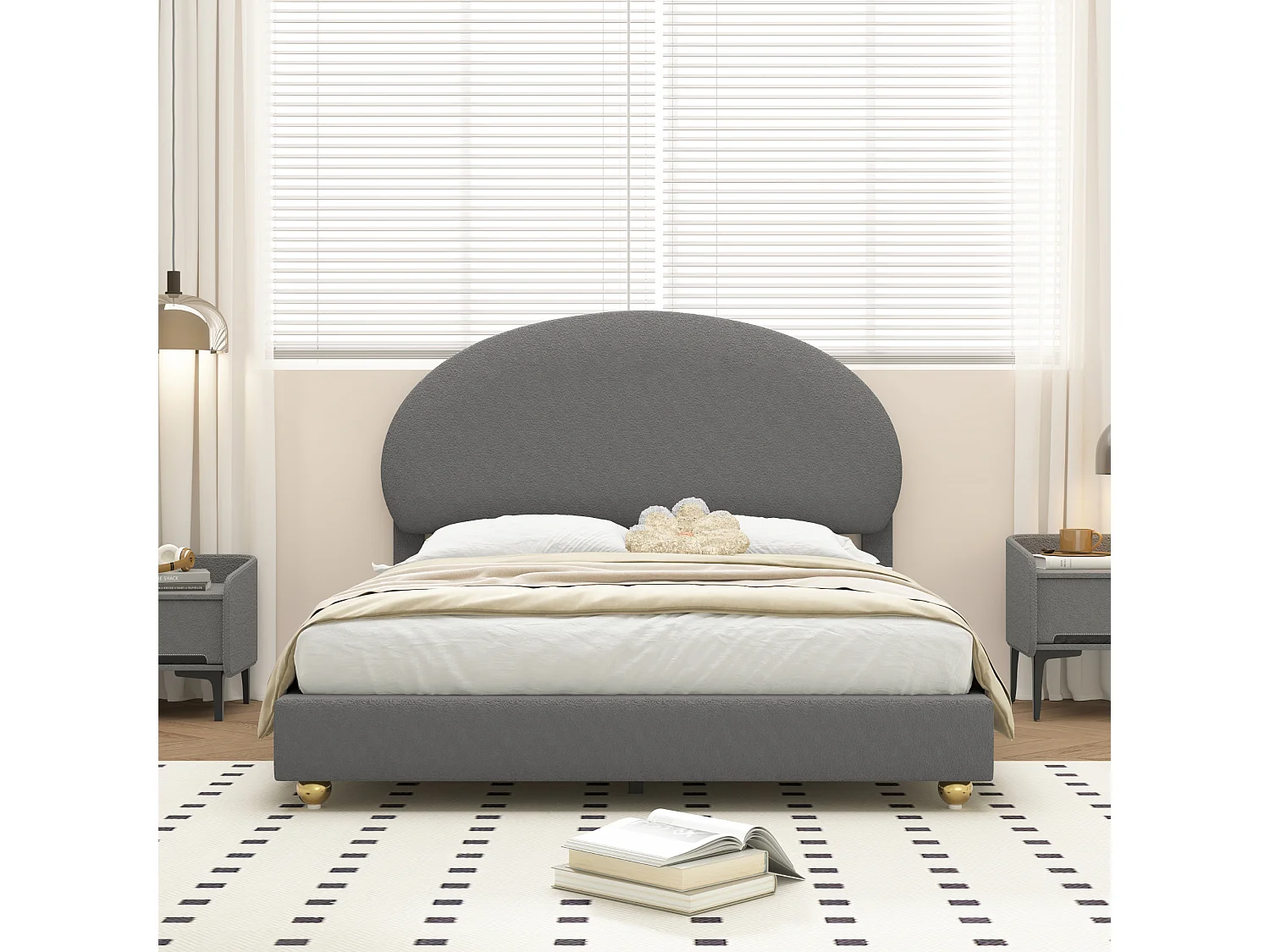 Lit capitonné 140 x 200 cm rembourré en tissu teddy - Tête de lit cintrée - Sommier à lattes - Gris