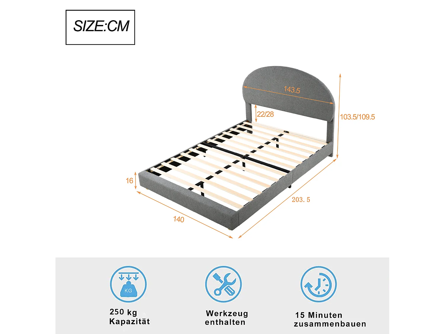 Lit capitonné 140 x 200 cm rembourré en tissu teddy - Tête de lit cintrée - Sommier à lattes - Gris