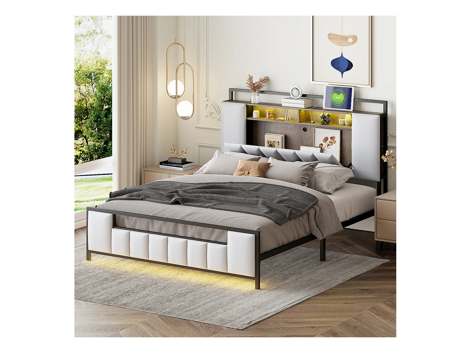 Gestoffeerd bed 140 x 200 cm met opberghoofdeinde - LED's + USB-aansluiting - Metaal en kunstleer - Wit